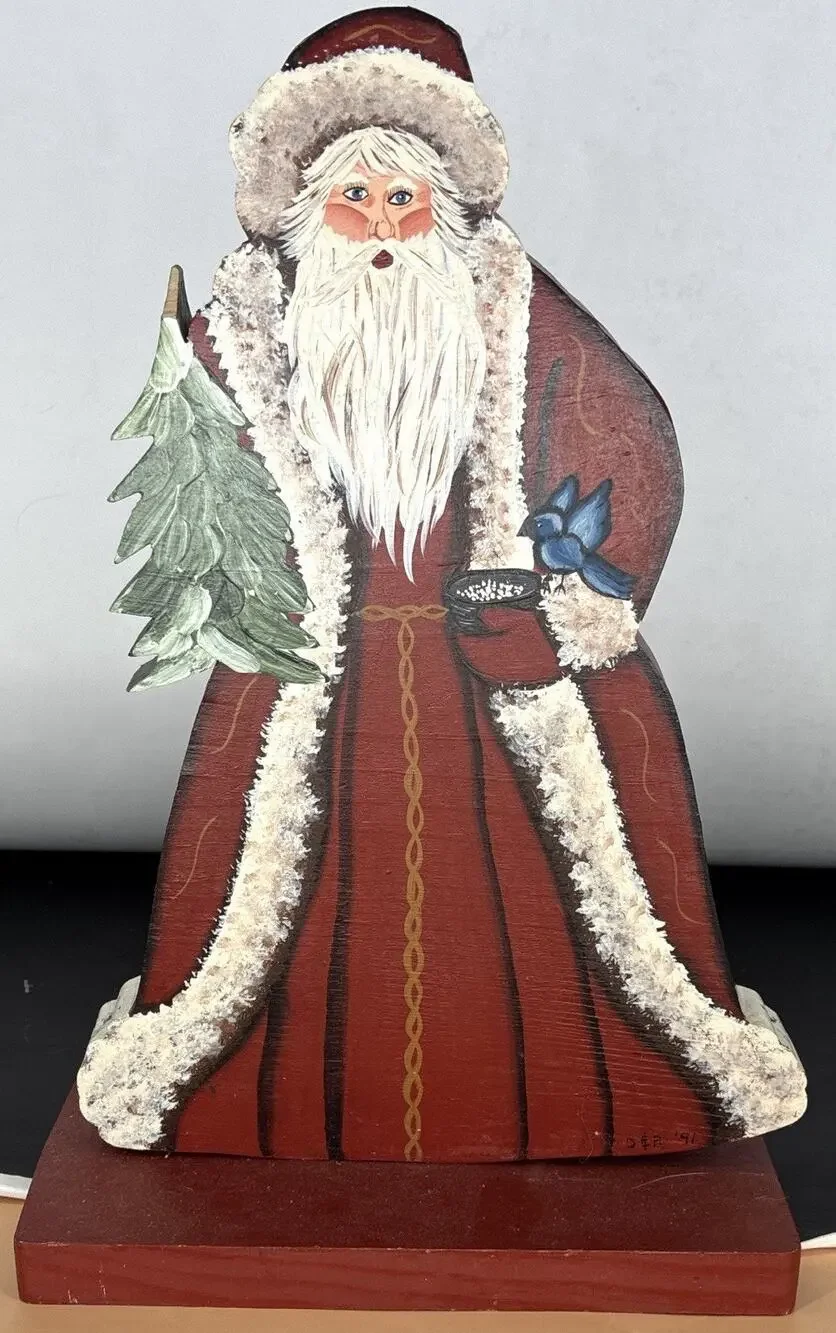 Vintage Hand-Painted Folk Art Wooden Santa Shelf Sitter Primitive Christmas